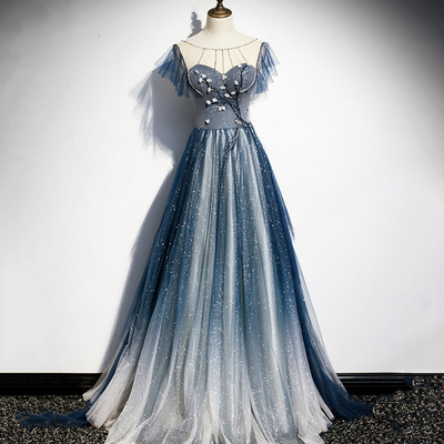 Blue tulle long a line prom dress blue evening dress - Thumbnail 3