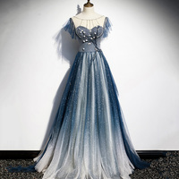 Blue Tulle Long A Line Prom Dress Blue Evening Dress - Thumbnail 4