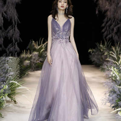 Purple tulle long a line prom dress purple evening dress - Thumbnail 2