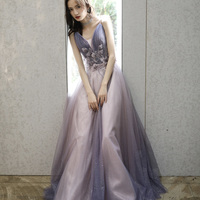 Purple tulle long A line prom dress purple evening dress - Thumbnail 1