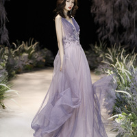 Purple tulle long A line prom dress purple evening dress - Thumbnail 2