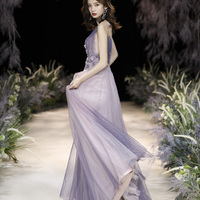 Purple tulle long A line prom dress purple evening dress - Thumbnail 3