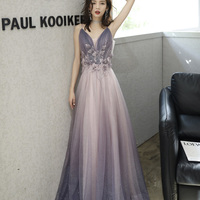 Purple tulle long A line prom dress purple evening dress - Thumbnail 4