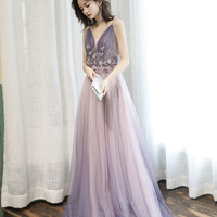 Purple tulle long A line prom dress purple evening dress - Thumbnail 5