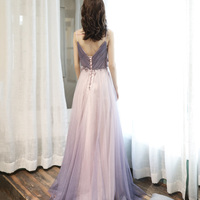Purple tulle long A line prom dress purple evening dress - Thumbnail 6