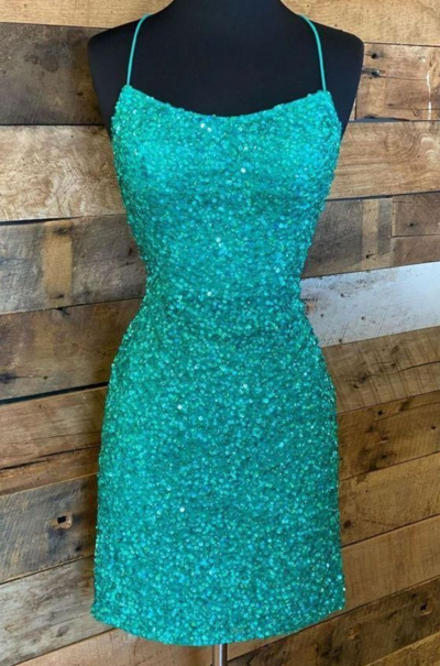 Titight green sequins straps mini homecoming dress 