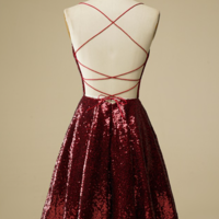 Sequin Burgundy Short Prom/Homecoming Dress - Thumbnail 1