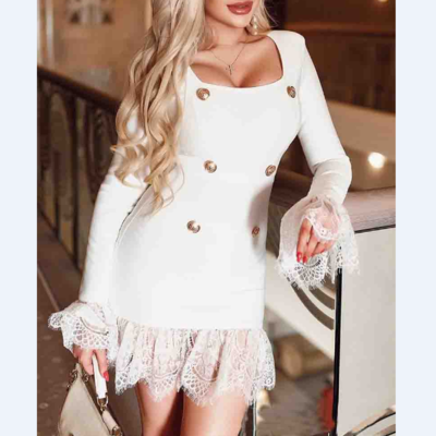 Solid color stitching lace long sleeve dress