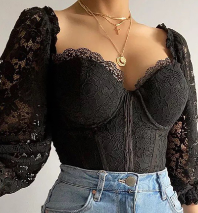 Long Sleeve Black Lace T-Shirt