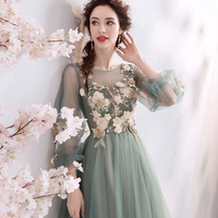 Green tulle lace long A line prom dress evening dress - Thumbnail 1