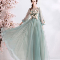 Green tulle lace long A line prom dress evening dress - Thumbnail 2