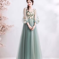 Green tulle lace long A line prom dress evening dress - Thumbnail 3