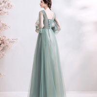Green tulle lace long A line prom dress evening dress - Thumbnail 4