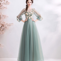 Green tulle lace long A line prom dress evening dress - Thumbnail 5