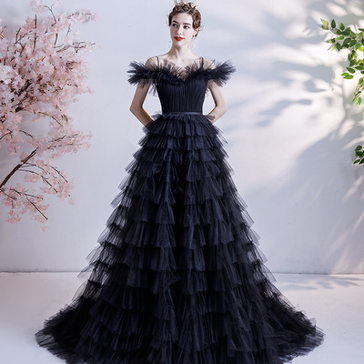 Black tulle long a line prom dress black evening dress - Thumbnail 3