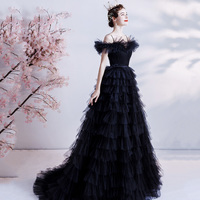 Black tulle long A line prom dress black evening dress - Thumbnail 1
