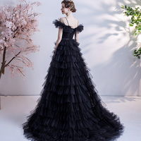 Black tulle long A line prom dress black evening dress - Thumbnail 2