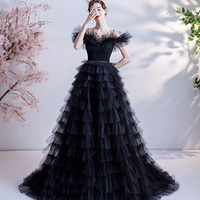 Black tulle long A line prom dress black evening dress - Thumbnail 4