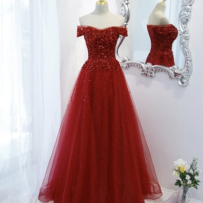 Red tulle sequins long a line prom dress evening dress - Thumbnail 3