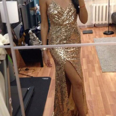Sparkly slit prom dresses spaghetti straps - Thumbnail 4