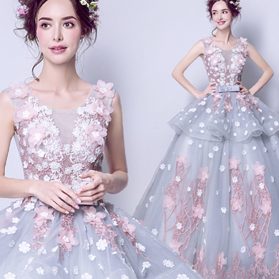 Blue tulle applique long ball gown dress formal dress - Thumbnail 2