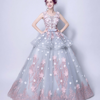 Blue tulle applique long ball gown dress formal dress - Thumbnail 3