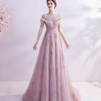 Pink tulle sequins long A line prom dress evening dress - Thumbnail 3