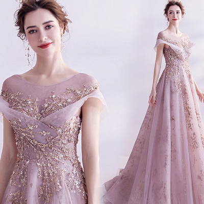 Pink tulle sequins long a line prom dress evening dress - Thumbnail 2