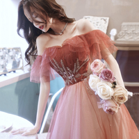 Burgundy tulle long A line prom dress evening dress - Thumbnail 2