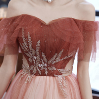 Burgundy tulle long A line prom dress evening dress - Thumbnail 4