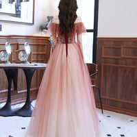 Burgundy tulle long A line prom dress evening dress - Thumbnail 5