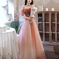 Burgundy tulle long A line prom dress evening dress - Thumbnail 6