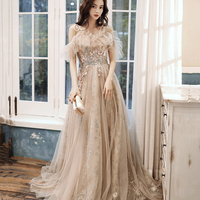 Cute tulle sequins long A line prom dress evening dress - Thumbnail 1