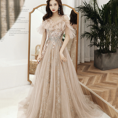 Cute tulle sequins long a line prom dress evening dress - Thumbnail 4