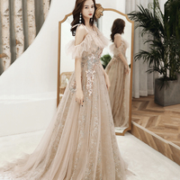 Cute tulle sequins long A line prom dress evening dress - Thumbnail 2