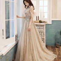 Cute tulle sequins long A line prom dress evening dress - Thumbnail 3