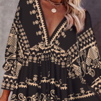 Sweet Printed V-neck Long Sleeve Dress - Thumbnail 1