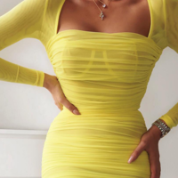 Solid Color Long Sleeve Puff Sleeve Dress - Thumbnail 1