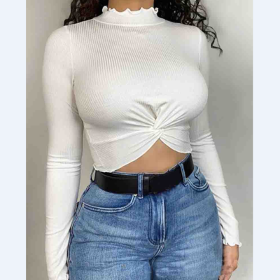 Long-sleeved solid color pit strip top