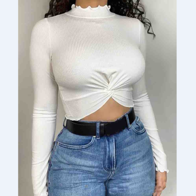 Long-Sleeved Solid Color Pit Strip Top