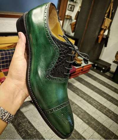 Pure Handmade Green & Black Embossed Alligator Leather Lace up Shoes for Men's