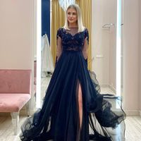 Charming A-Line Long Sleeves Navy Blue Tulle Long Prom Dresses,Formal Gradaution Dresses 2021-2022 - Thumbnail 1