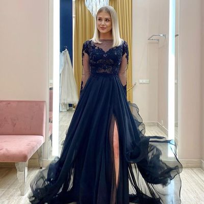 Charming a-line long sleeves navy blue tulle long prom dresses,formal gradaution dresses 2021-2022