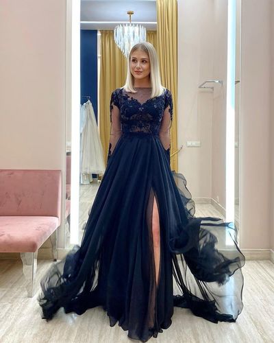 Charming A-Line Long Sleeves Navy Blue Tulle Long Prom Dresses,Formal Gradaution Dresses 2021-2022