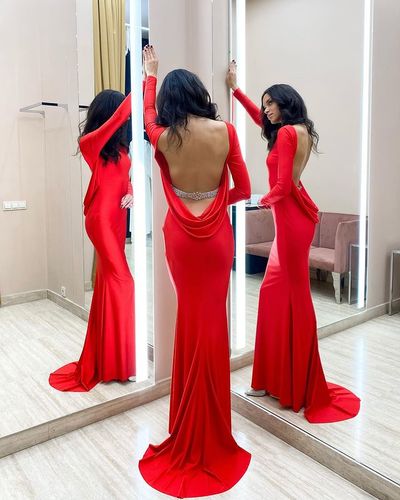 Stunning Mermaid Long Sleeve Backless Red Long Prom Evening Dresses with Sequins