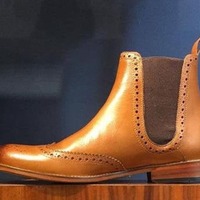 New Handmade Tan Genuine Leather Chelsea Boots For Men's - Thumbnail 1