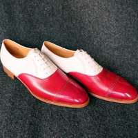 New Pure Handmade Red & White Leather Lace Up Shoes For Men's - Thumbnail 4