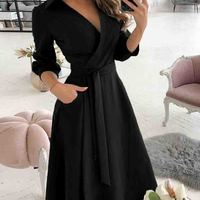 Long Sleeve V-Neck Sexy Dress - Thumbnail 1
