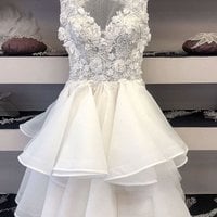 White tulle lace short prom dress homecoming dress - Thumbnail 2