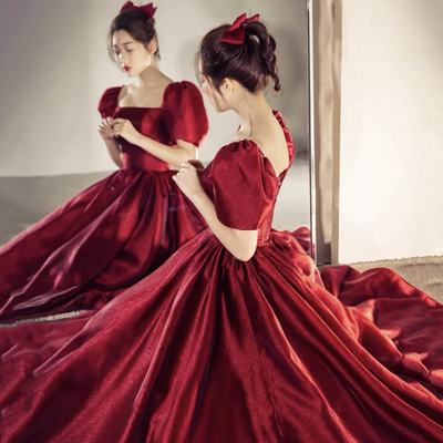 Burgundy satin long a line prom dress homecoming dress - Thumbnail 5